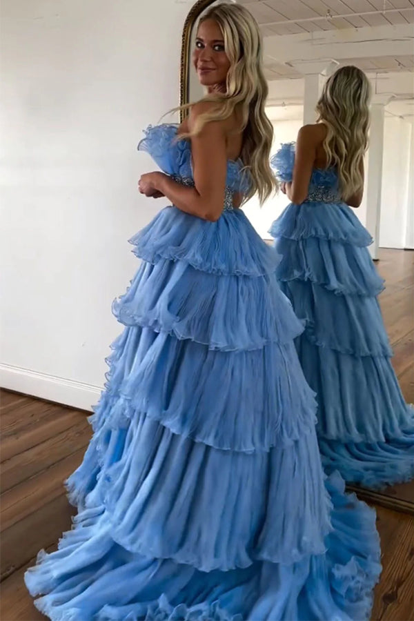 Elegante vestido de fiesta azul sin tirantes, corte A, largo, escalonado y con cinturón PSK483