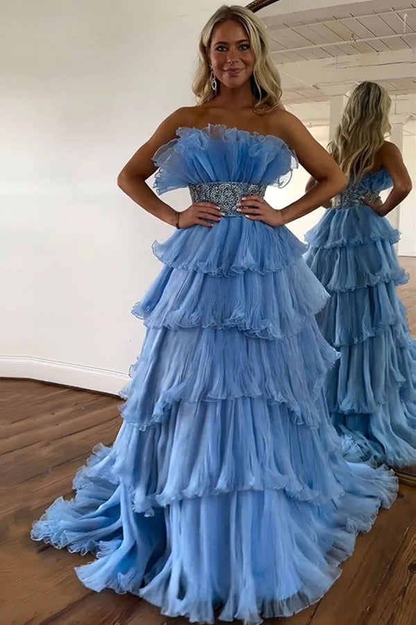 Elegante vestido de fiesta azul sin tirantes, corte A, largo, escalonado y con cinturón PSK483