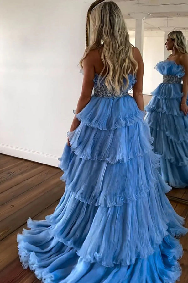 Elegante vestido de fiesta azul sin tirantes, corte A, largo, escalonado y con cinturón PSK483
