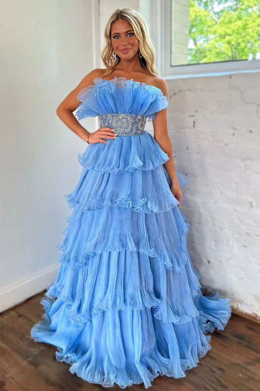 Elegante vestido de fiesta azul sin tirantes, corte A, largo, escalonado y con cinturón PSK483