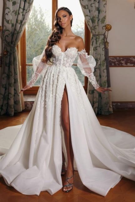 Prinzessin Brautkleid mit Herzausschnitt und Puffärmeln