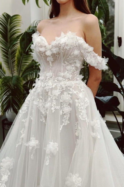 Vestido de novia largo color marfil con escote en forma de A, hombros descubiertos, encaje y sin mangas