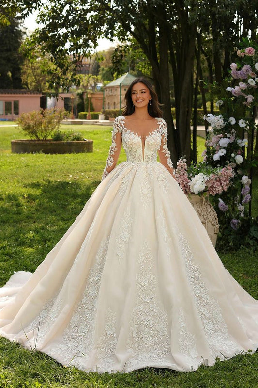 Herzausschnitt Langes Elfenbein Prinzessin Lange Ärmel Applikationen Brautkleid Mit Schleppe