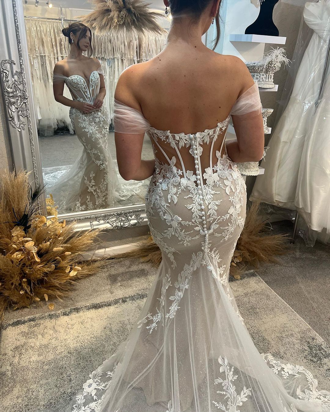 Herzausschnitt Langes Meerjungfrau Off-the-Shoulder Glitzer Applikationen Brautkleid