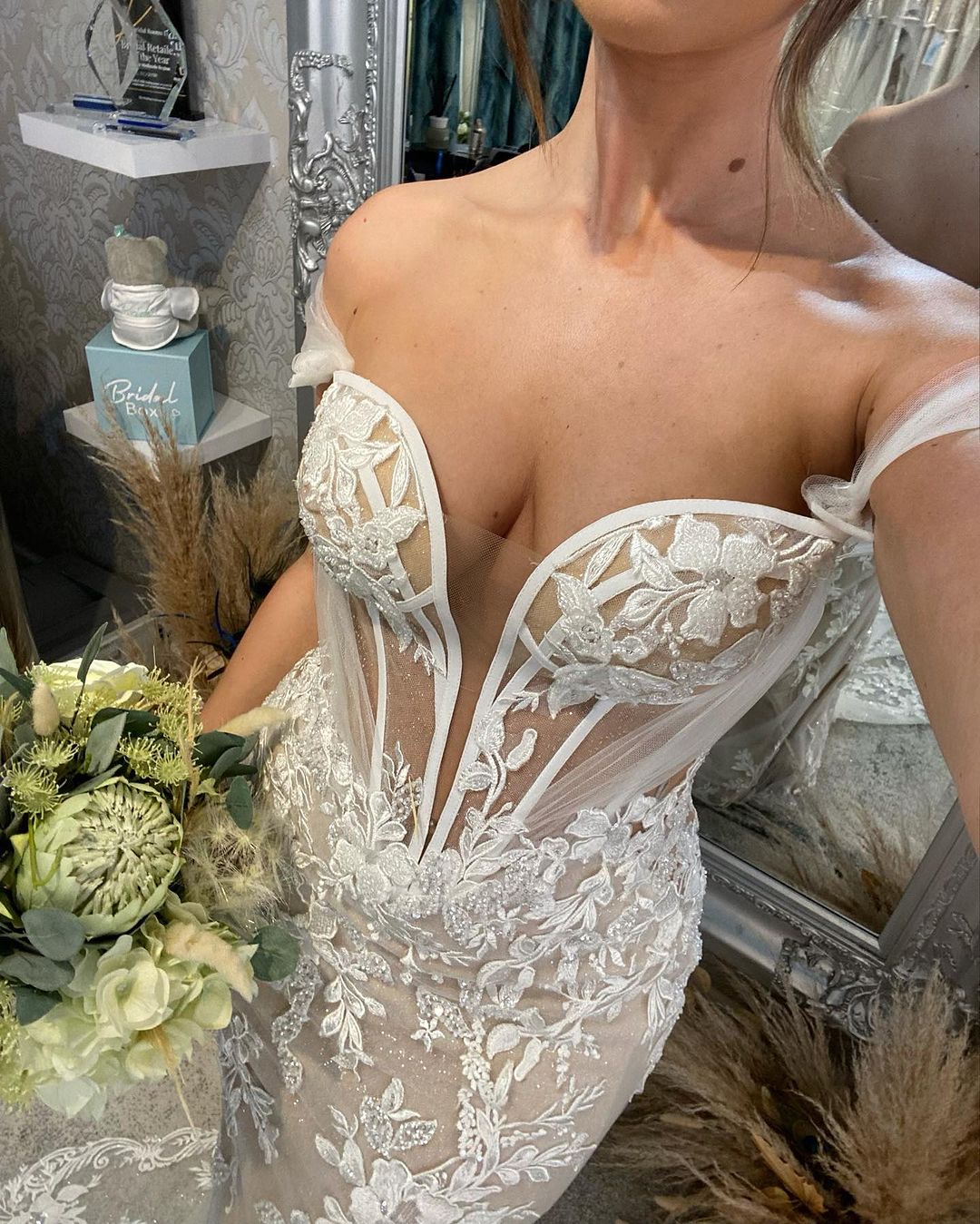 Herzausschnitt Langes Meerjungfrau Off-the-Shoulder Glitzer Applikationen Brautkleid