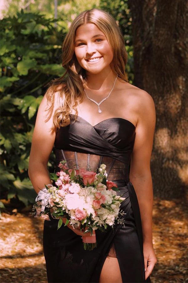 Vestido de fiesta largo con escote corazón y corsé negro con abertura PSK593
