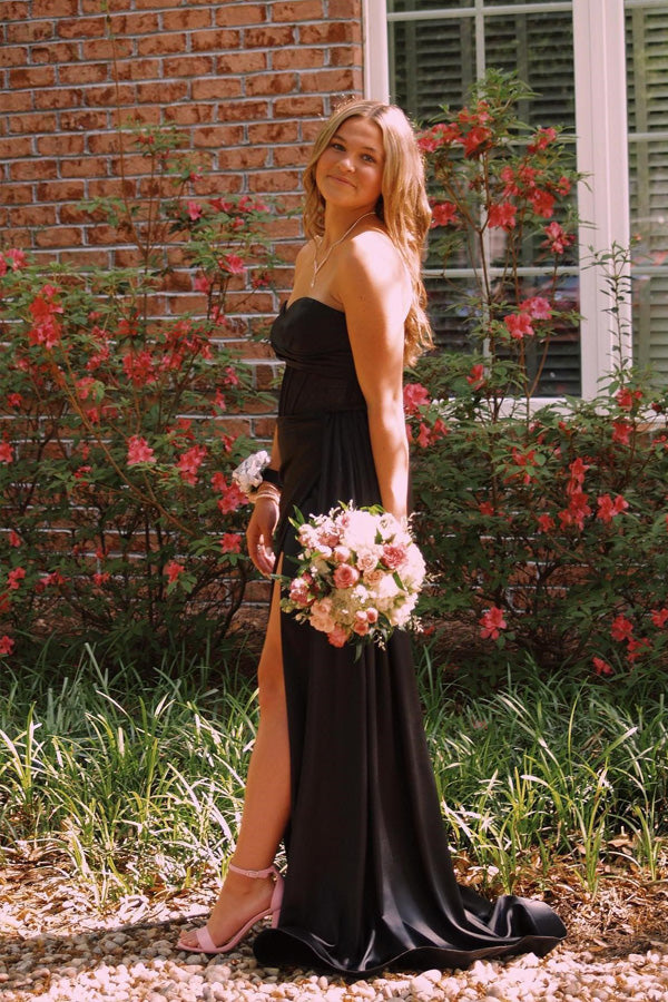 Vestido de fiesta largo con escote corazón y corsé negro con abertura PSK593
