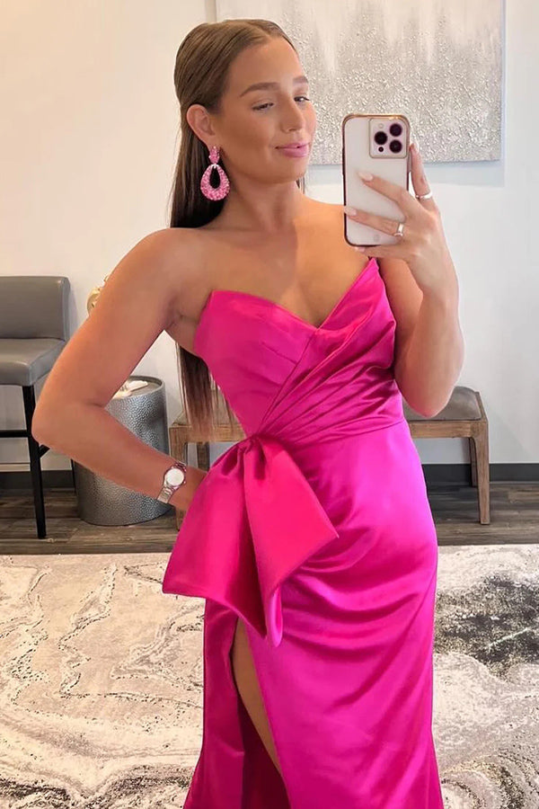 Vestido de fiesta largo con escote corazón en rosa intenso y lazo