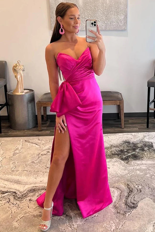 Vestido de fiesta largo con escote corazón en rosa intenso y lazo