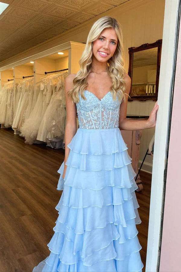 Vestidos de fiesta largos con corsé de gasa y encaje con escote corazón y volantes