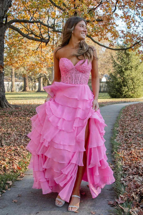 Vestidos de fiesta largos con corsé de gasa y encaje con escote corazón y volantes