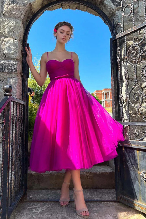 Vestido de fiesta rosa fuerte, largo hasta la rodilla, escote corazón, vestido de fiesta sencillo