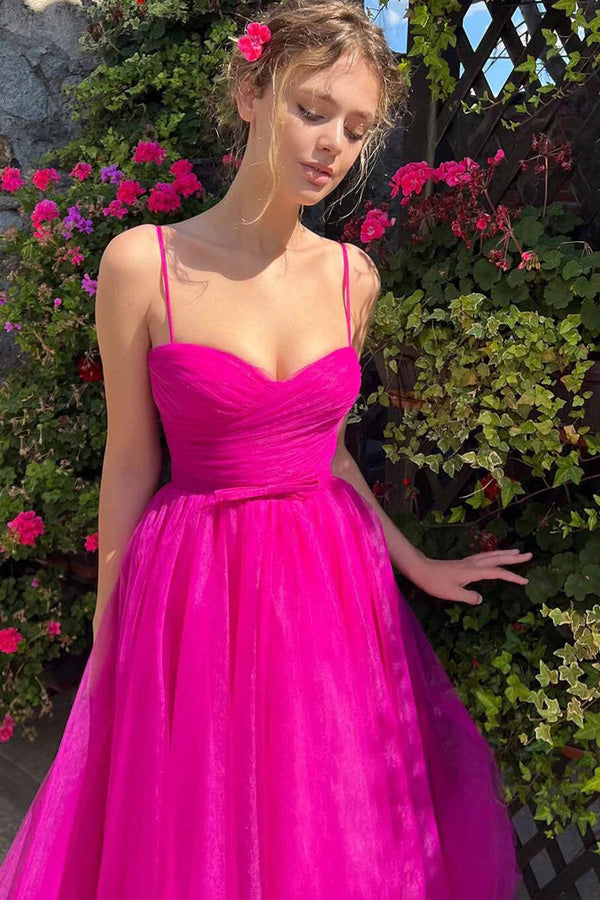 Vestido de fiesta rosa fuerte, largo hasta la rodilla, escote corazón, vestido de fiesta sencillo