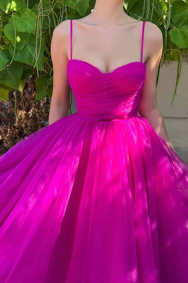Vestido de fiesta rosa fuerte, largo hasta la rodilla, escote corazón, vestido de fiesta sencillo