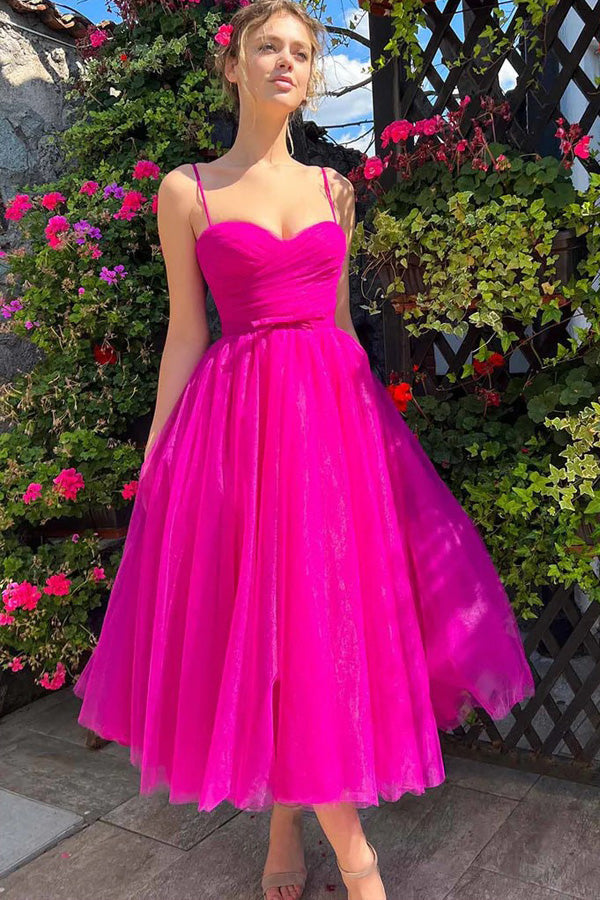 Vestido de fiesta rosa fuerte, largo hasta la rodilla, escote corazón, vestido de fiesta sencillo