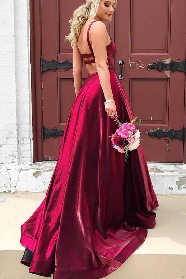 Vestidos de fiesta largos de tafetán con escote en A, tirantes finos y bolsillos