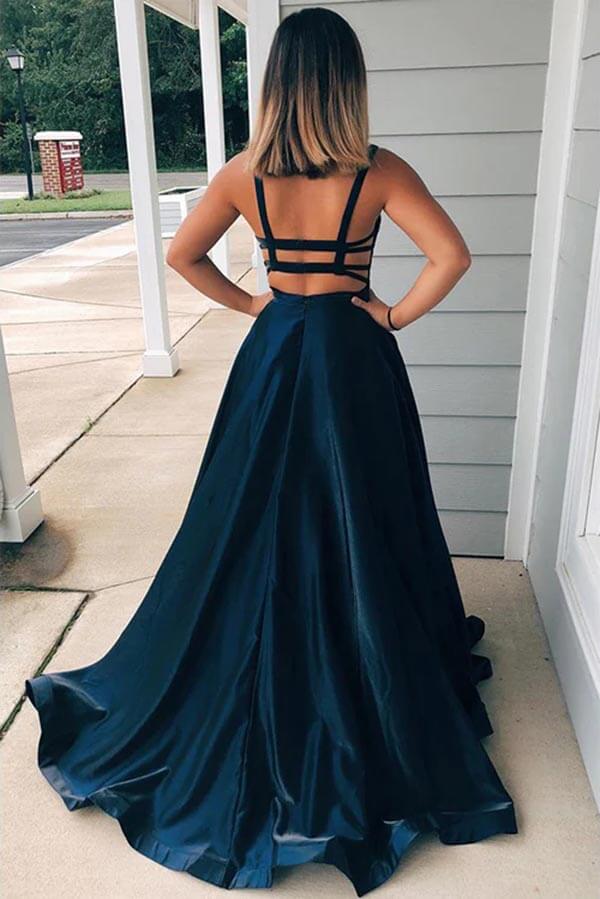 Vestidos de fiesta largos de tafetán con escote en A, tirantes finos y bolsillos