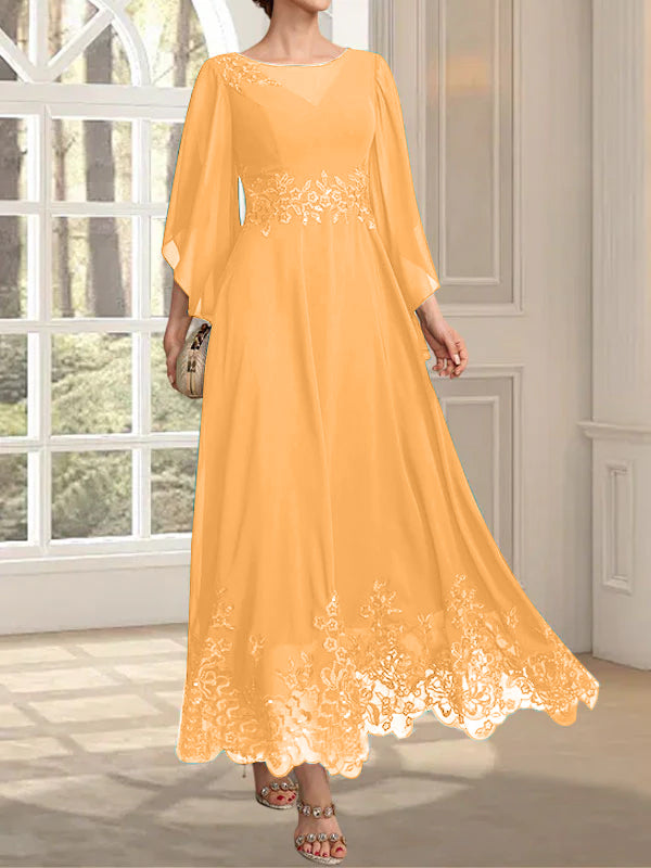 Vestido de gasa con encaje y lentejuelas para madre de la novia, corte A, escote ilusión, largo hasta los tobillos
