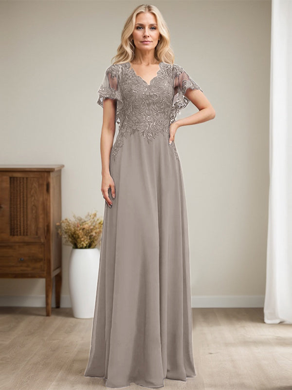 A-Linie V-Ausschnitt Bodenlanges Spitzen-Chiffon-Kleid für die Brautmutter mit Pailletten