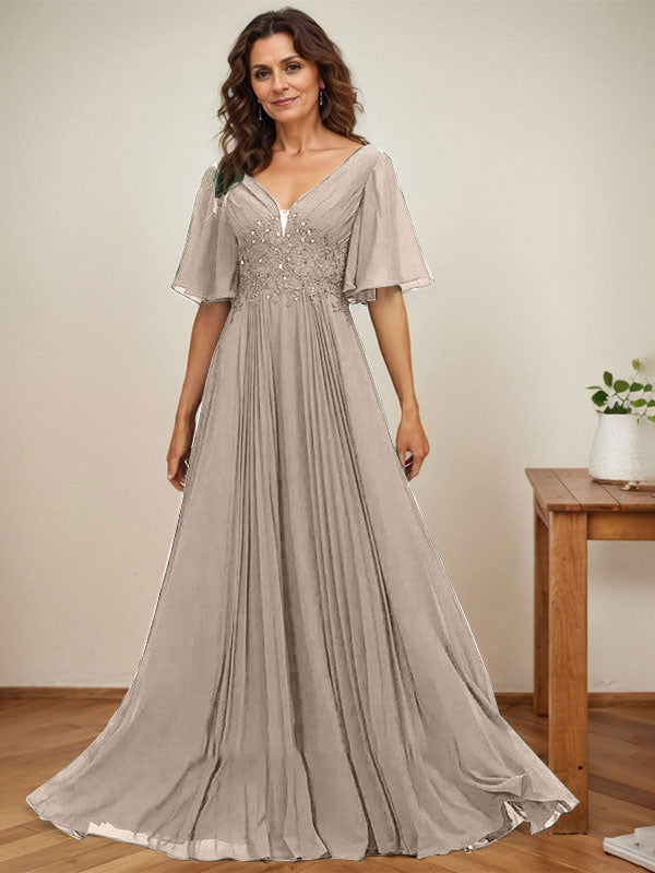 A-Linie V-Ausschnitt Bodenlang Chiffon Mutter der Braut Kleid Mit Pailletten Applikationen Spitze Plissee