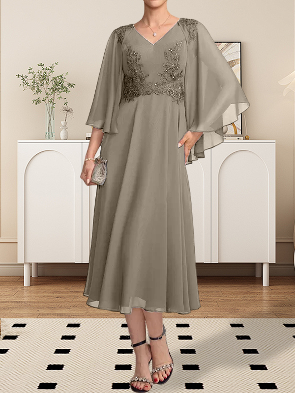 A-Linie, V-Ausschnitt, knielang, Chiffon, Spitze, Kleid für die Brautmutter mit Perlen und Pailletten