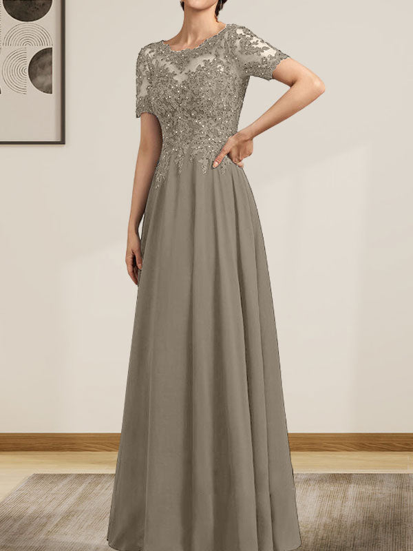 Vestido de gasa con encaje y lentejuelas para madre de la novia, largo hasta el suelo, con escote en A y ilusión