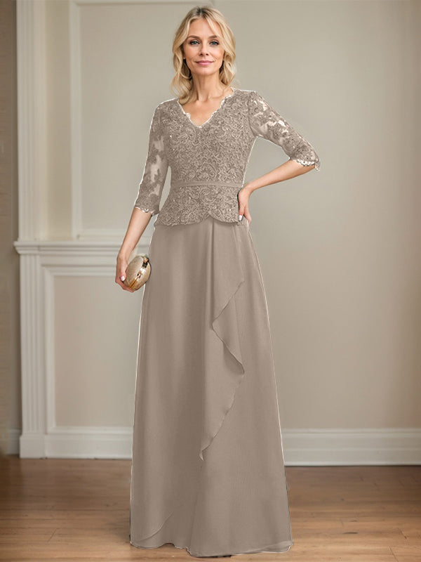 A-Linie, V-Ausschnitt, bodenlanges Chiffon-Kleid für die Brautmutter mit kaskadierenden Rüschen und Pailletten