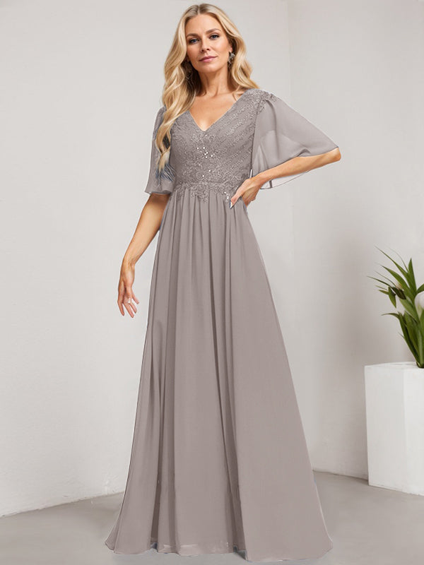 A-Linie V-Ausschnitt Bodenlanges Spitzen-Chiffon-Kleid für die Brautmutter mit Pailletten