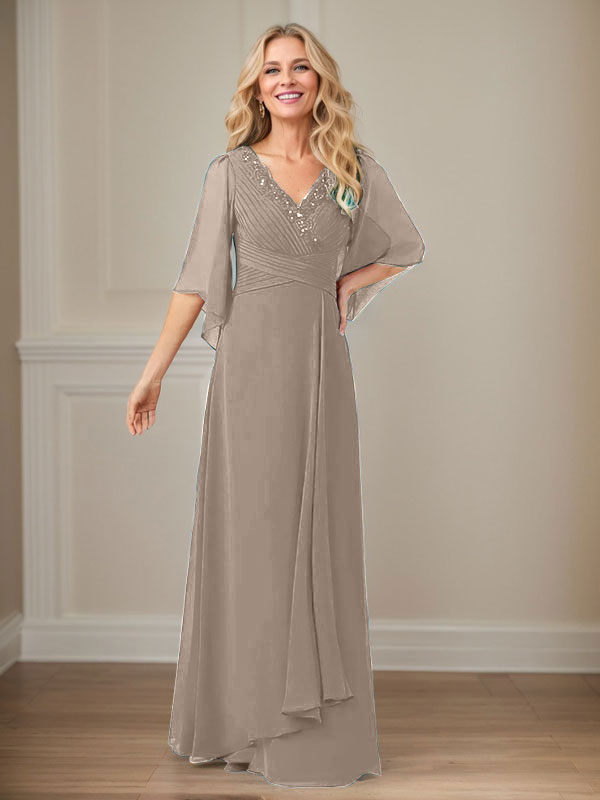 A-Linie V-Ausschnitt Lange Pailletten Chiffon Mutterkleid
