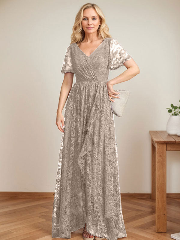 A-Linien-Kleid mit V-Ausschnitt, asymmetrischer Spitze für die Brautmutter mit kaskadierenden Rüschen