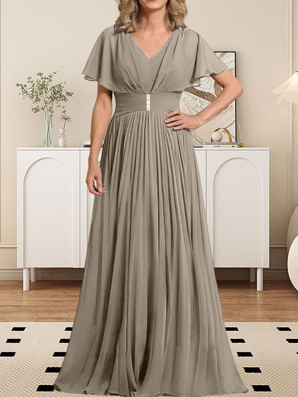 A-Linie V-Ausschnitt Bodenlang Chiffon Mutter der Braut Kleid Mit Kristall Brosche Plissee