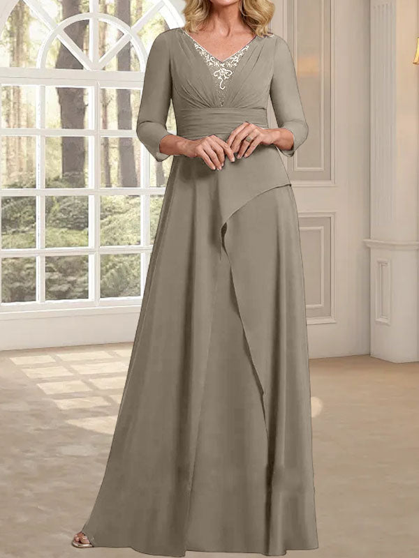 A-Linie, V-Ausschnitt, bodenlanges Chiffonkleid für die Brautmutter mit plissierter Perlenstickerei