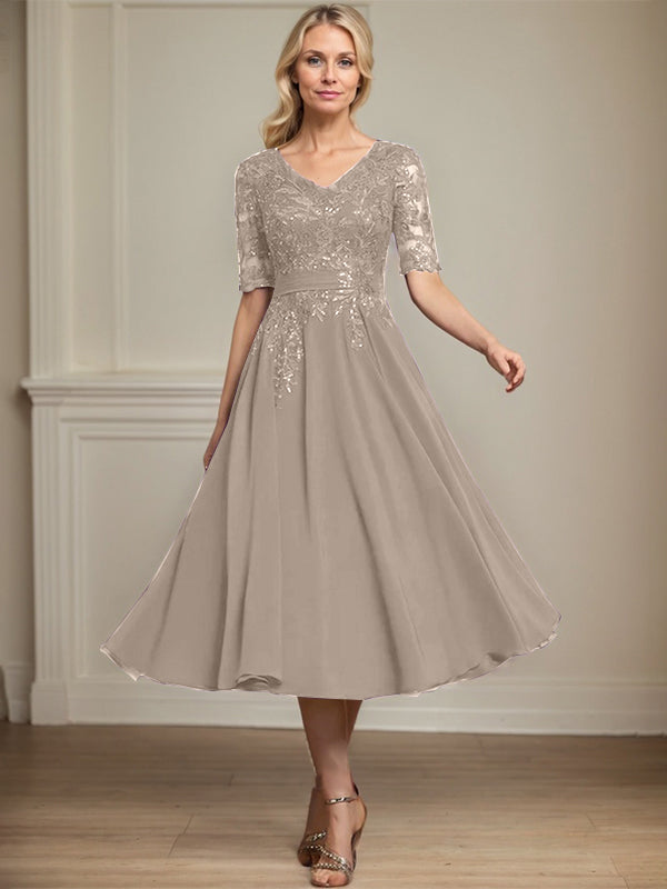 A-Linie V-Ausschnitt Wadenlanges Spitzen-Chiffon-Kleid für die Brautmutter mit Pailletten