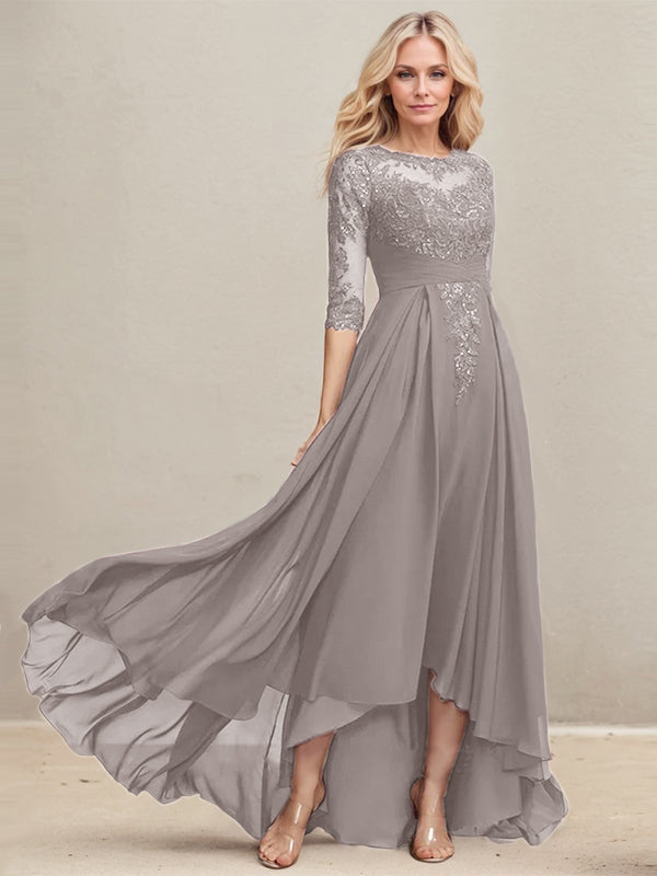 Vestido de madre de la novia de gasa con encaje asimétrico, ilusión de escote redondo y lentejuelas plisadas