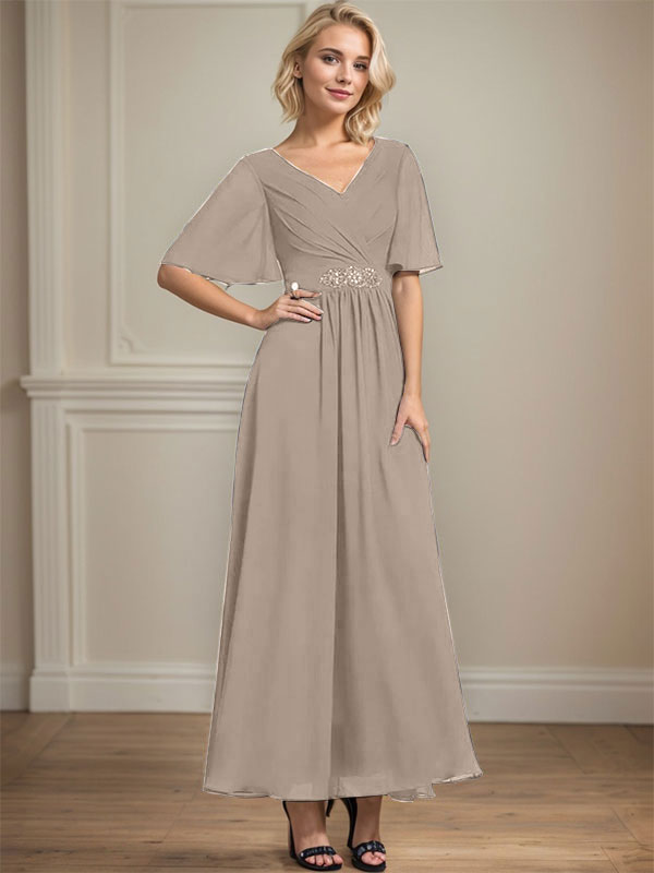 A-Linien-Kleid aus Chiffon mit V-Ausschnitt und Knöchellänge für die Brautmutter mit plissierten Perlen und Pailletten