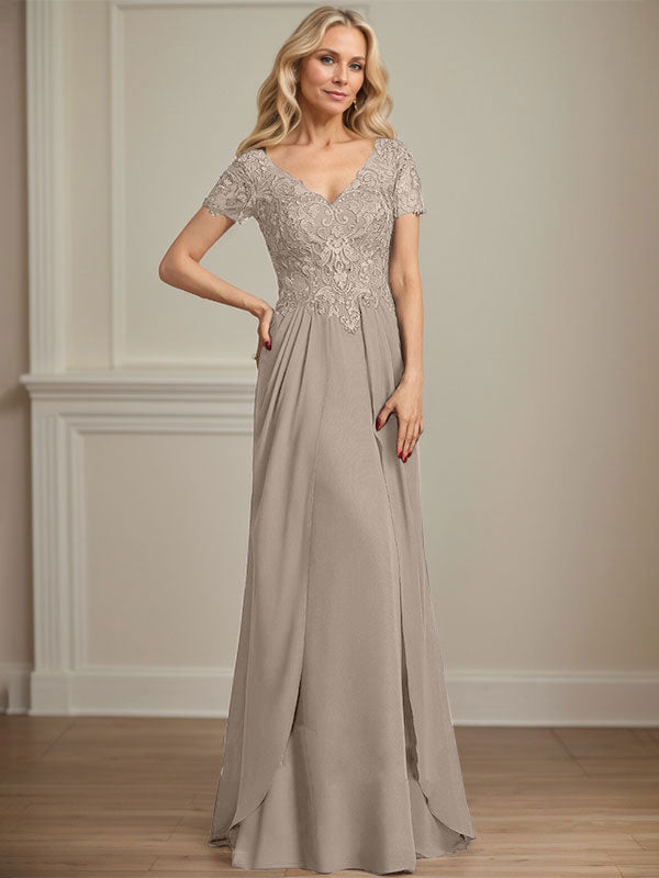 A-Linie V-Ausschnitt Bodenlanges Chiffon-Spitzenkleid für die Brautmutter