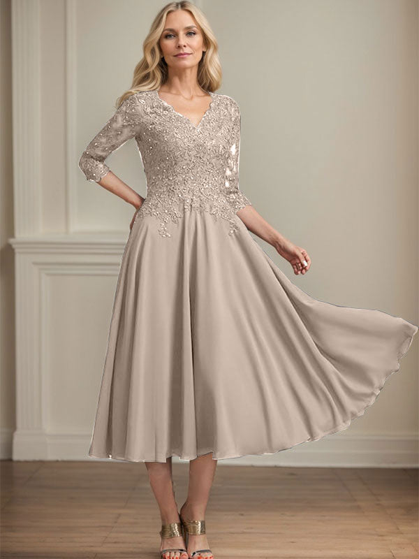 A-Linie, V-Ausschnitt, knielang, Chiffon, Spitze, Kleid für die Brautmutter mit Perlen und Pailletten