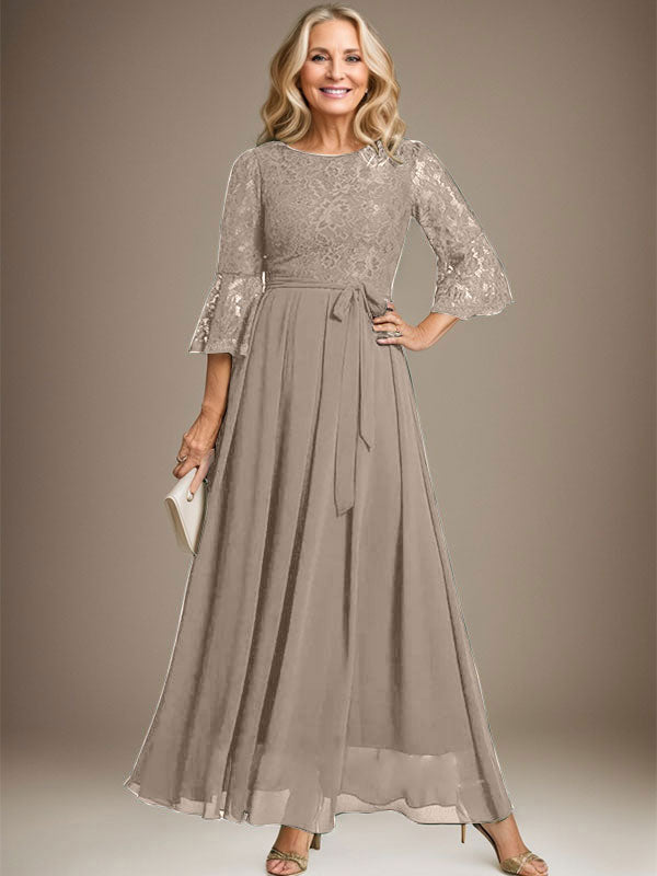 Vestido de gasa con encaje y lazo para madre de la novia, corte A, escote redondo hasta los tobillos