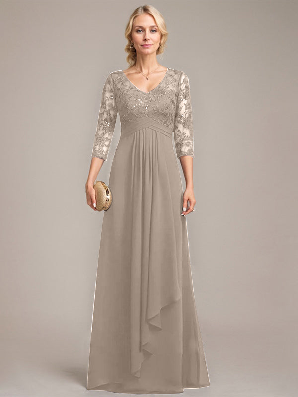A-Linie, V-Ausschnitt, bodenlanges Chiffon-Kleid für die Brautmutter mit kaskadierenden Rüschen und Pailletten