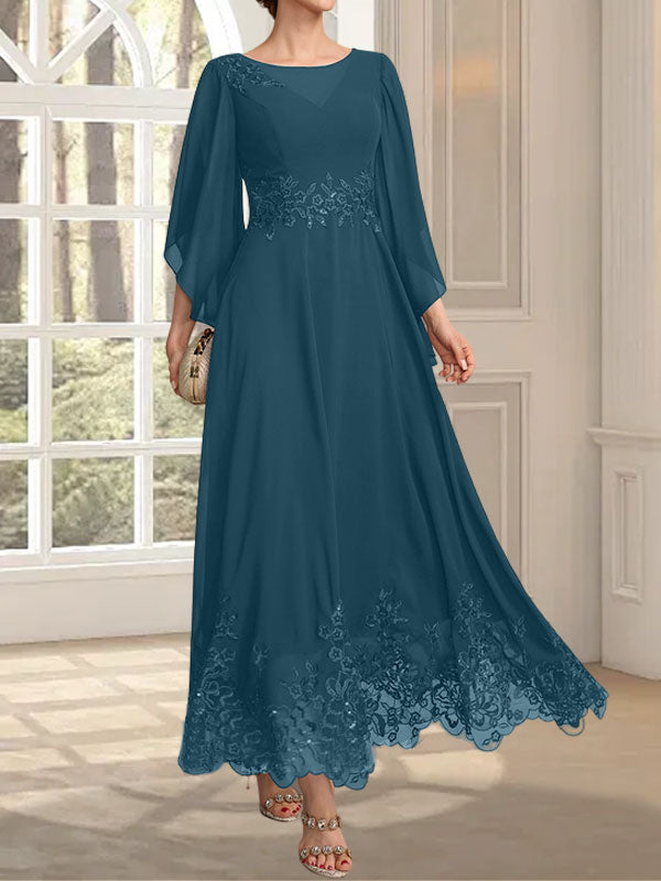 Vestido de gasa con encaje y lentejuelas para madre de la novia, corte A, escote ilusión, largo hasta los tobillos