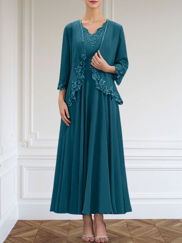 A-Linie V-Ausschnitt Knöchellang Chiffon Kleid für die Brautmutter mit Pailletten Applikationen Spitze Perlen