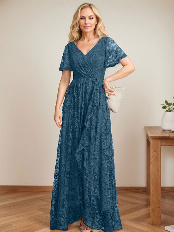 A-Linien-Kleid mit V-Ausschnitt, asymmetrischer Spitze für die Brautmutter mit kaskadierenden Rüschen