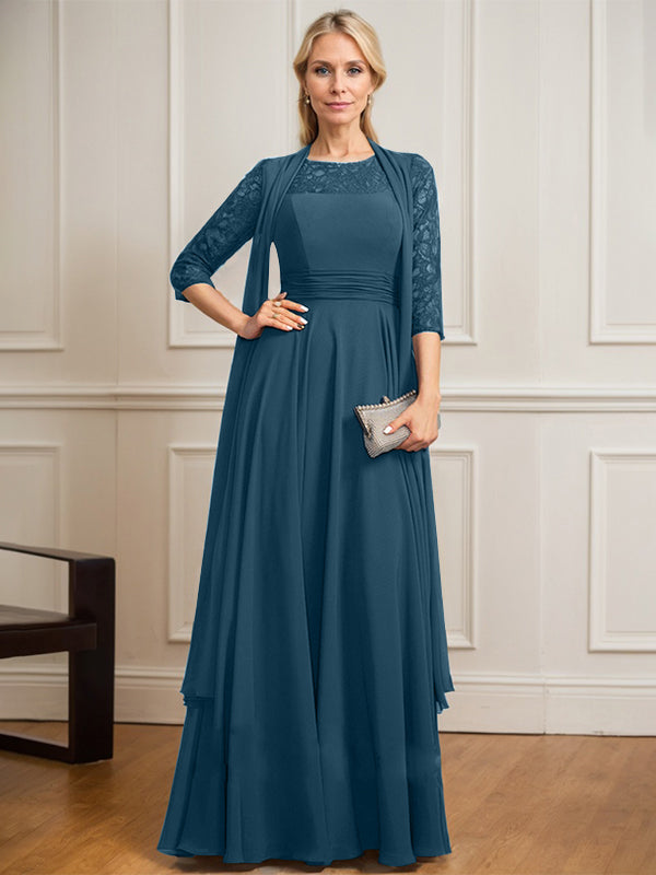 Vestido de gasa de encaje con ilusión de corte A hasta el suelo para madre de la novia con pliegues