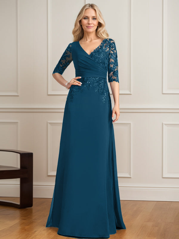 A-Linie, V-Ausschnitt, bodenlanges Spitzen-Chiffon-Kleid für die Brautmutter mit plissierten Pailletten