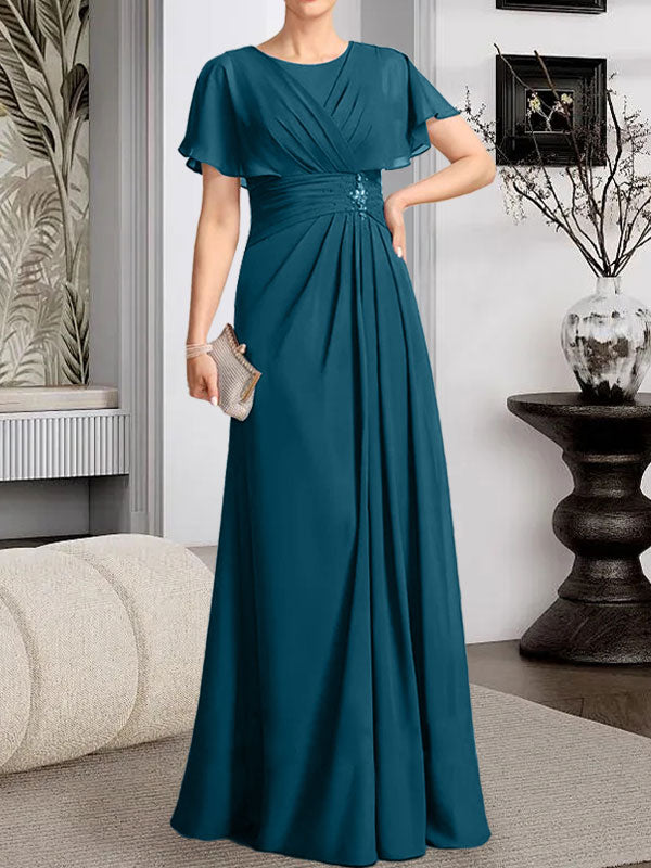 Vestido de gasa para madre de la novia con corte en A, escote redondo y largo hasta el suelo, con cuentas plisadas