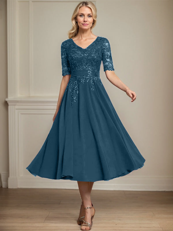 A-Linie V-Ausschnitt Wadenlanges Spitzen-Chiffon-Kleid für die Brautmutter mit Pailletten