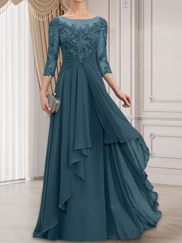 Vestido de gasa con encaje, corte A, escote ilusión, largo hasta el suelo, para madre de la novia con volantes en cascada