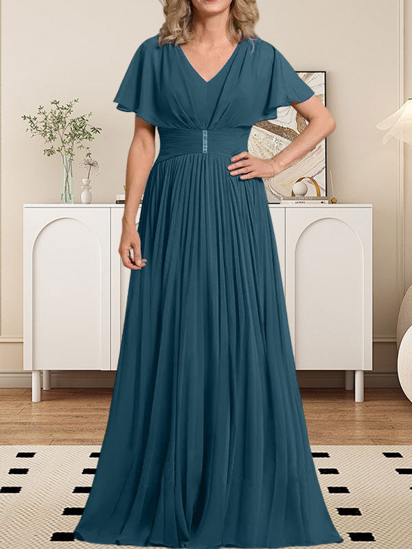 A-Linie V-Ausschnitt Bodenlang Chiffon Mutter der Braut Kleid Mit Kristall Brosche Plissee