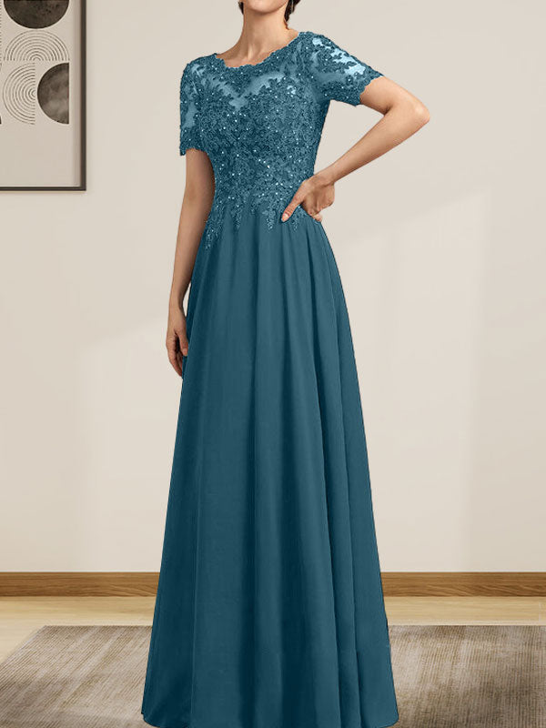 Vestido de gasa con encaje y lentejuelas para madre de la novia, largo hasta el suelo, con escote en A y ilusión