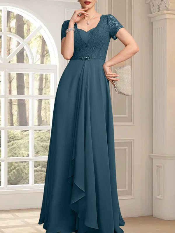 A-Linie, Herzausschnitt, bodenlang, Chiffon, Spitze, Kleid für die Brautmutter mit Perlenbesatz, kaskadierenden Rüschen